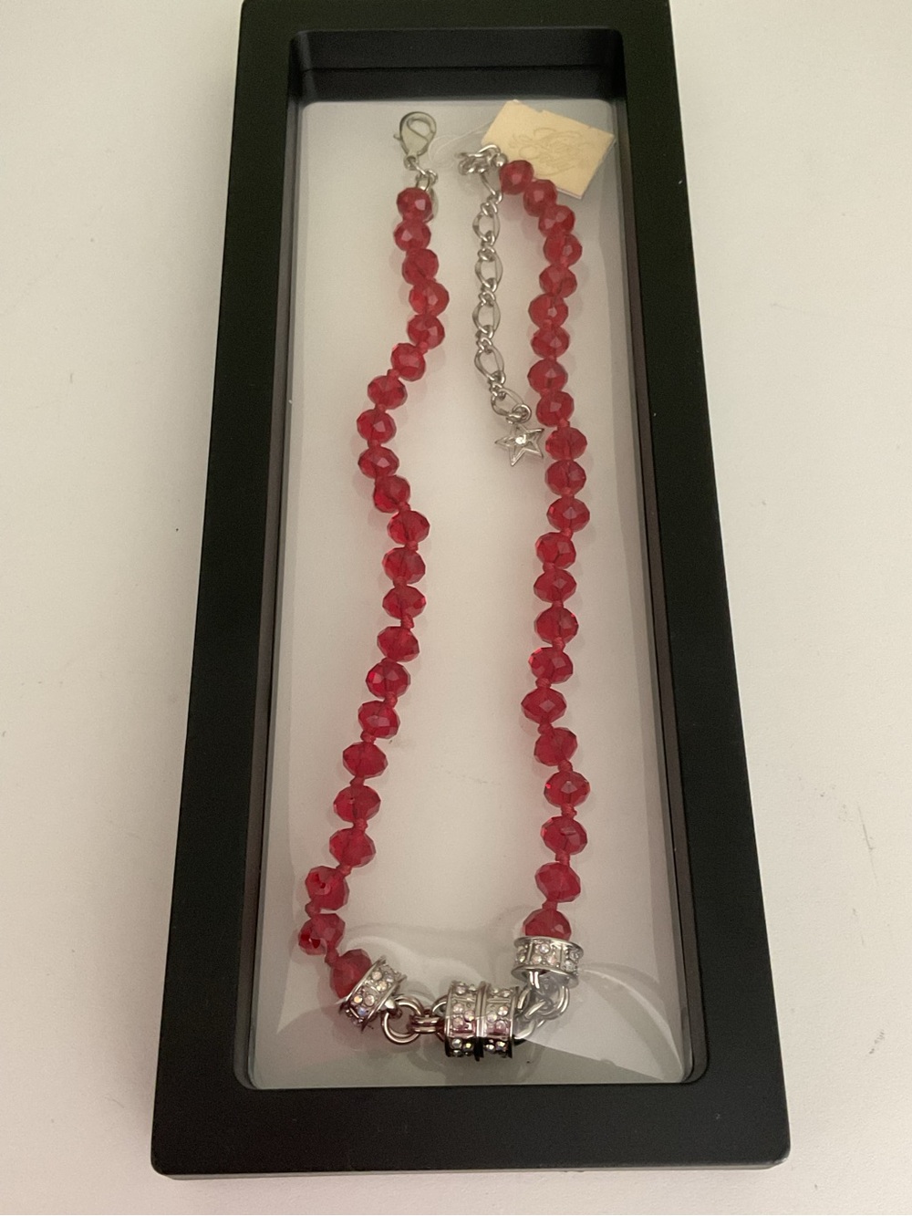 NWT Kirk Folly DIVINE Red Knotted Bead MAGNETIC Necklace 8mm rhodium Silvertone